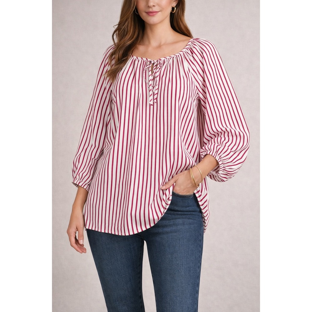 Karen Kane Women Blouse Top Plus 2X Striped Balloon Sleeve Magenta White
